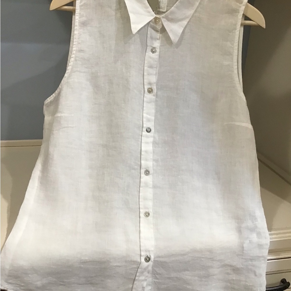 White Linen Sleeveless Button Down Shirt